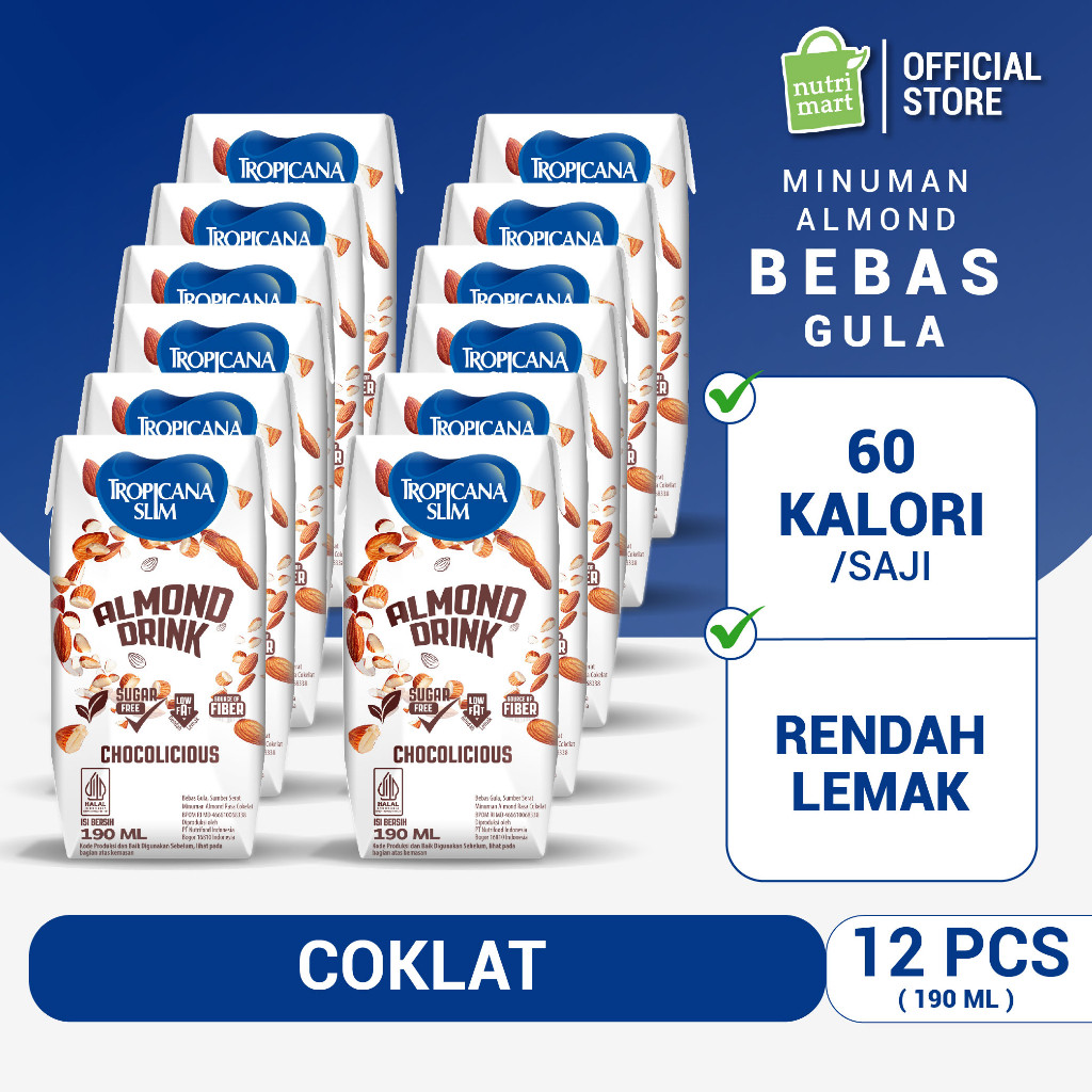 

Tropicana Slim Almond Drink Chocolicious 190ml (12 pcs) - Minuman Almond Cokelat Bebas Gula Ready to Drink