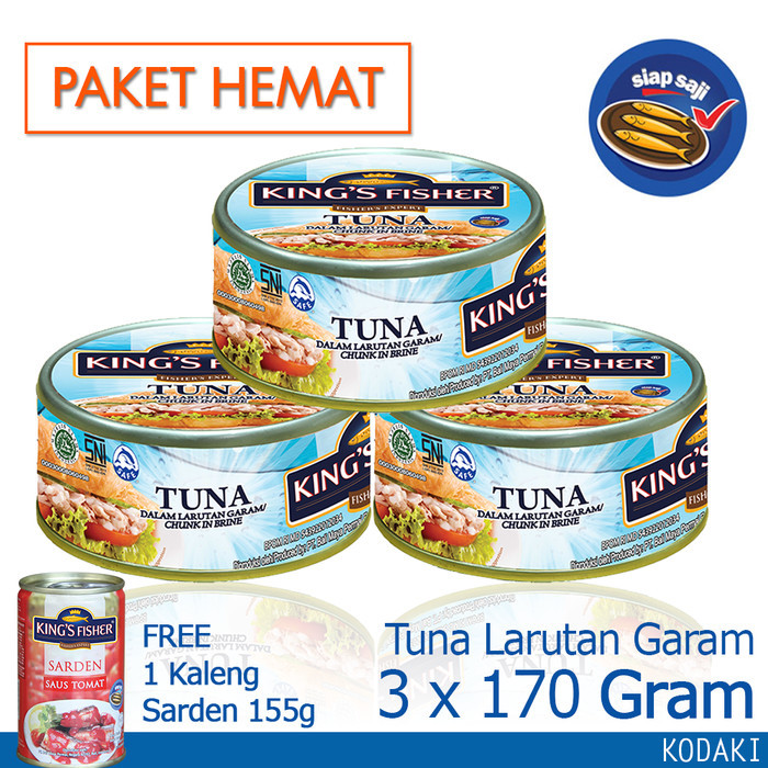 

Paket 3 pcs King's Fisher Tuna dalam Air Garam 170g gratis sarden 155g