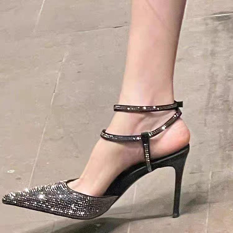 Women Fetish  High Heels Ankle Strap Crystal Cinderella Sandals Lady Rhinestone Stiletto Pink Silver