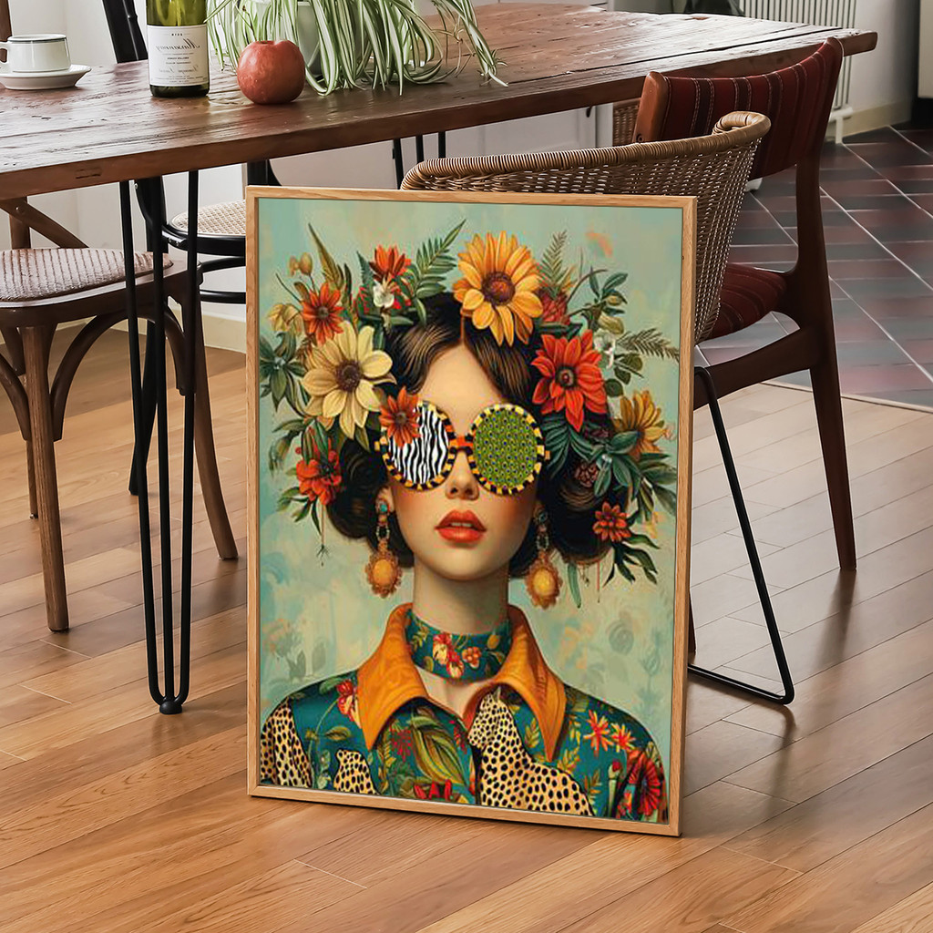 

Nordic Boho Fashion Glasses Woman With Flowers Wall Art Canvas Painting Butterfly With Girl Portrait Poster Prints Mural Picture