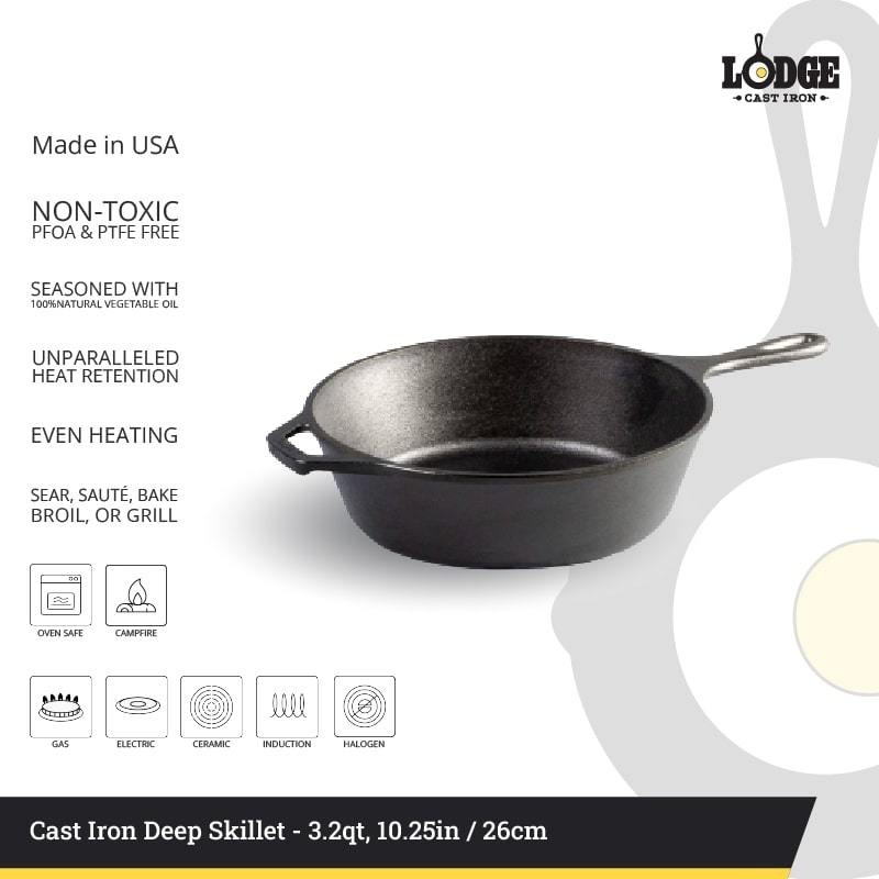 Lodge Cast Iron 10.25 Inch Deep Skillet Wajan Tinggi Cast Iron