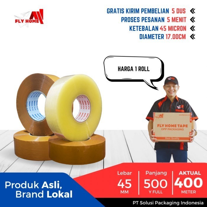 

FLYHOME Lakban bening coklat 45x500yard 1roll 2inchi ukuran FULL