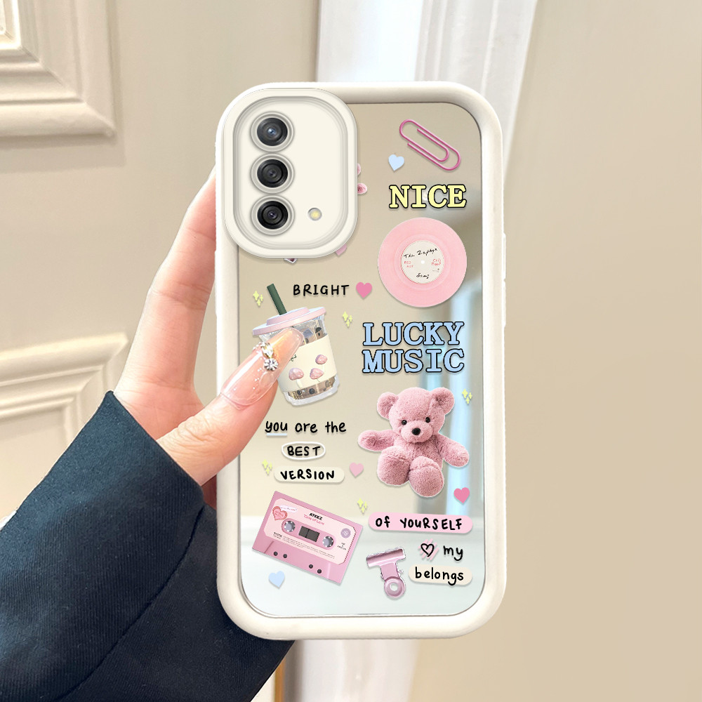 OPPO A74 A95 Terbaru Hp Casing Untuk JZ Mirror Cassing Mode Sofcase Silikon Softcase Pink Cute Bear 