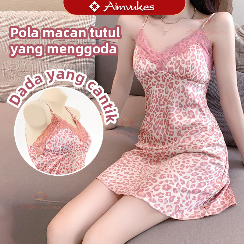AIMVUKES--COD Baju Tidur Seksi Baju Tidur Tali Satu Macan Tutul Merah Muda Dengan Bantalan Bra