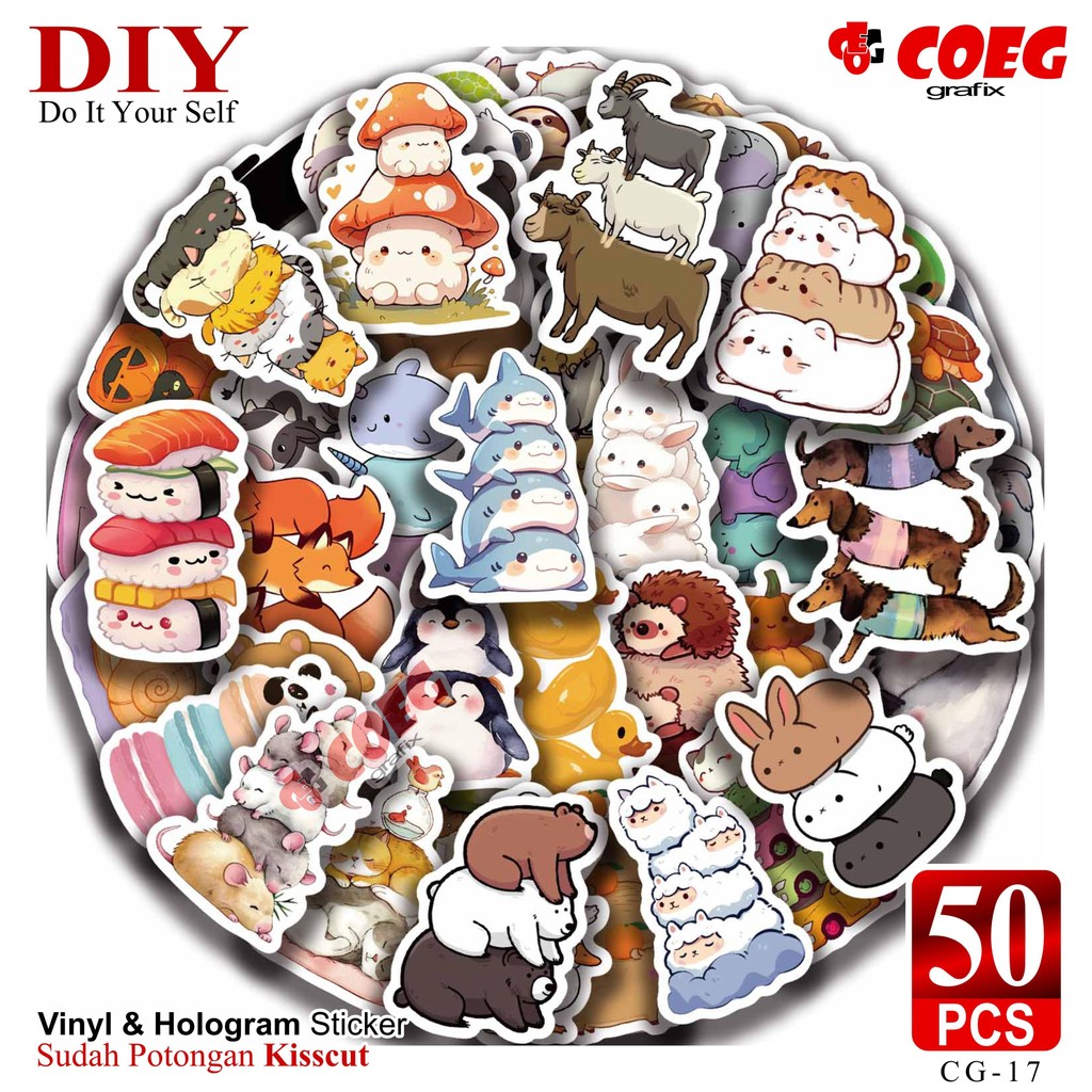 

CG17 Sticker Pack - Hewan Lucu Kartun (50 Pcs) | Bahan Vinyl Hologram | Sudah Dicutting