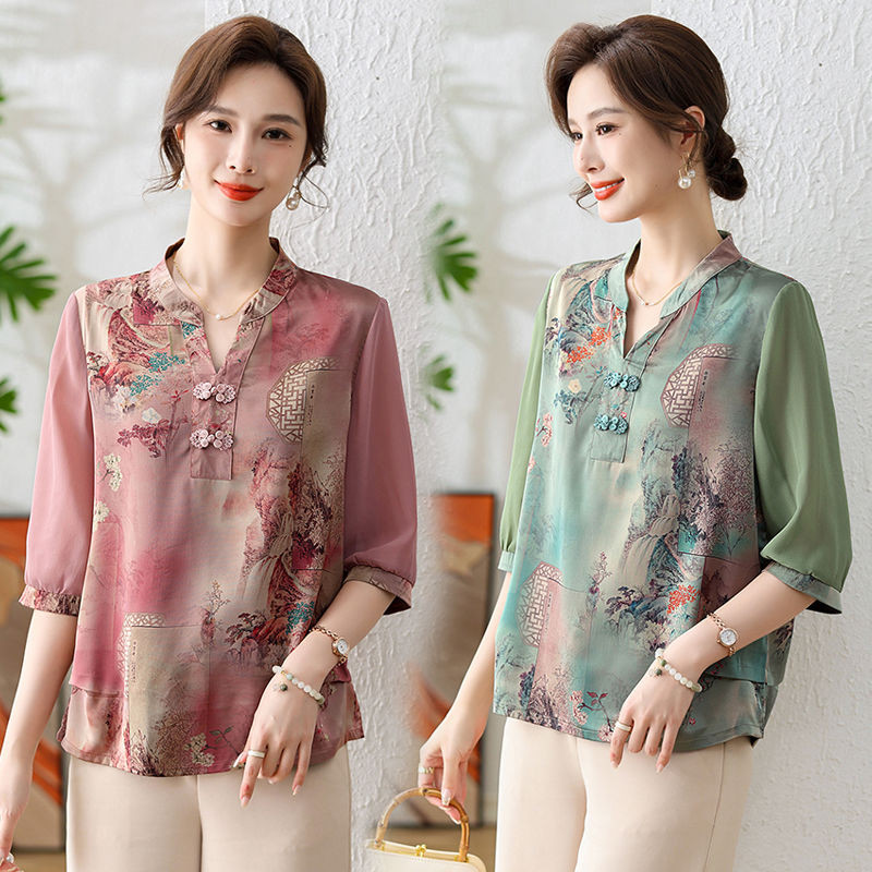 Gesper piring gaun ibu Cina baru di lengan baju kemeja kecil wanita paruh baya hadiah blus gaya Cina