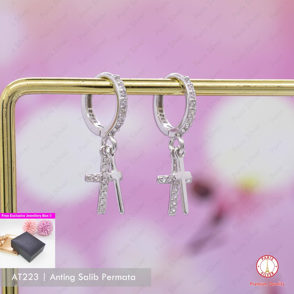 Anting Salib Twin Perak Asli Full Permata Silver 925 Lapis Emas Putih Donat Bulat Aksesoris Fashion 