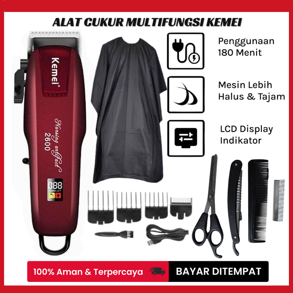 Mesin Cukur Rambut KEMEI Indikator Baterai LCD Display Digital Paket Barbershop Alat Potong Rambut