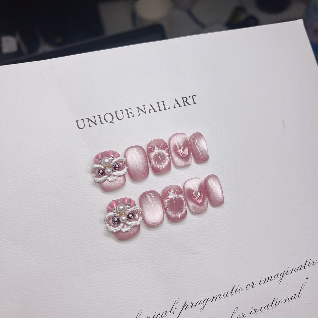 Kuku Palsu Imlek Nail Art Kutek Pink Tahun Baru Mata Kucing Kembang Api