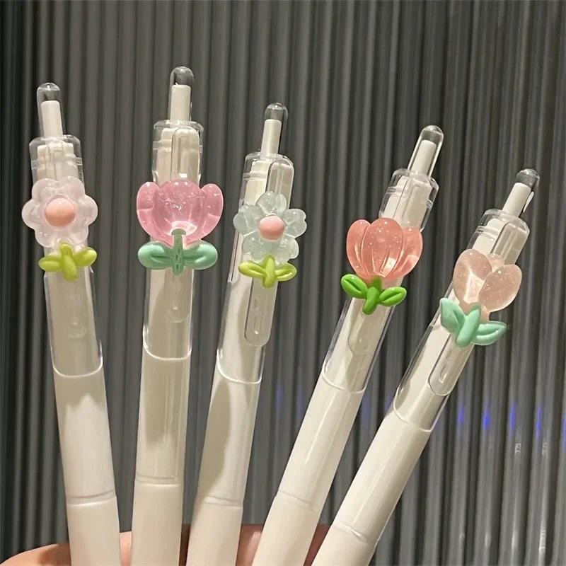 

2Pcs Ins Cute Tulip Flower Head Gel Pen 0.5mm ST Quick-drying Student Notes Test Stationery Writing Pen Kawaii School Supplies