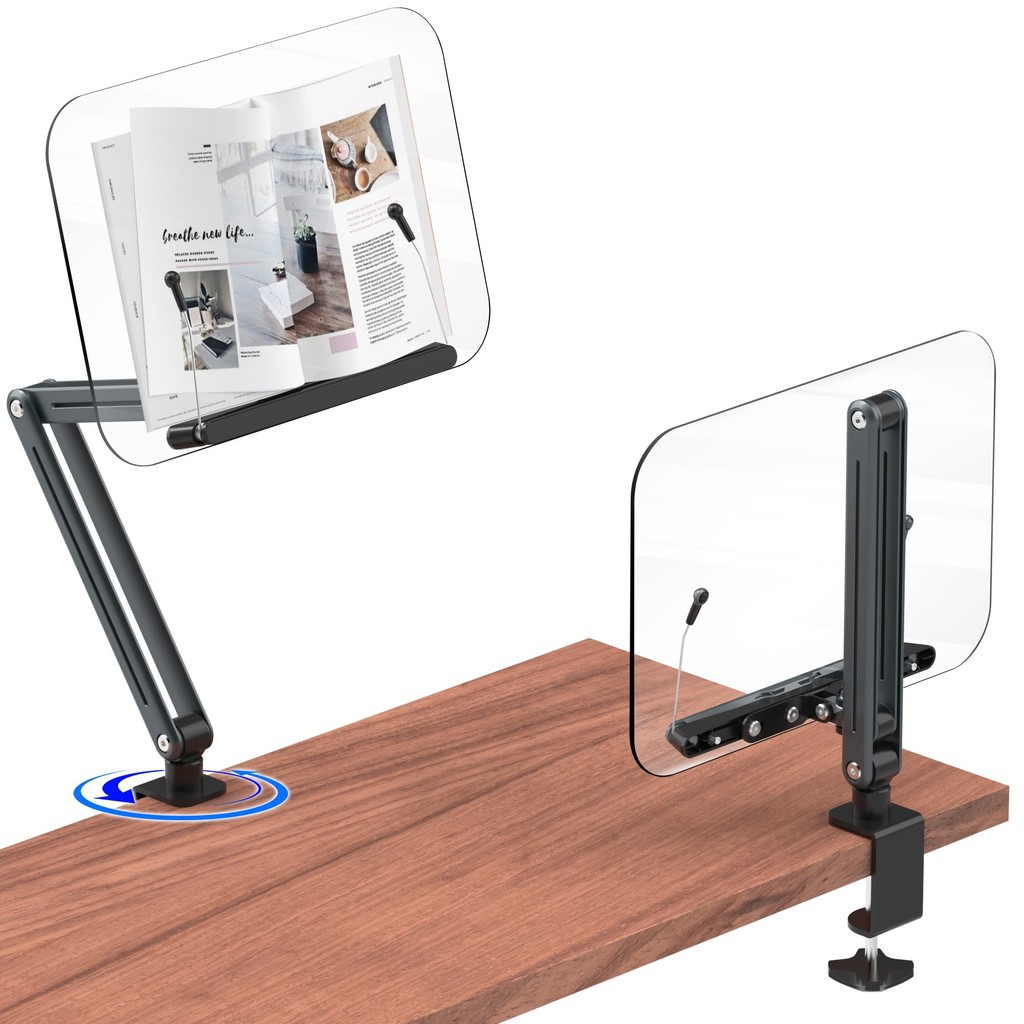 

Desk Clamp Acrylic Book Stand for Reading, Adjustable Height Up To 20 Inches, Suitable for Recipe, Sheet Music, Tablet