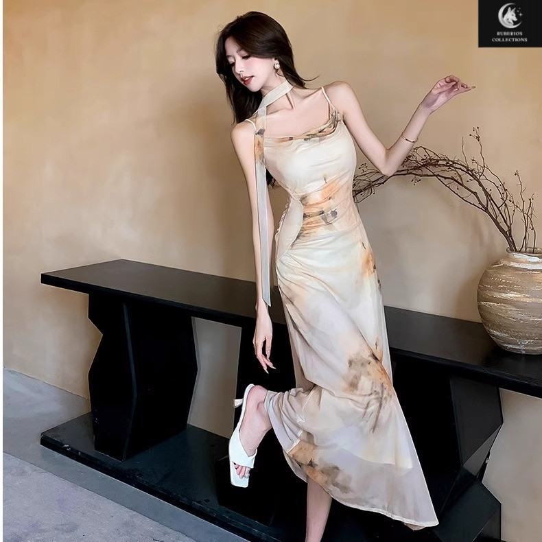 EMITA BLOOM vintage dress bunga bunga korean style press body dress pantai panjang baju dress wanita