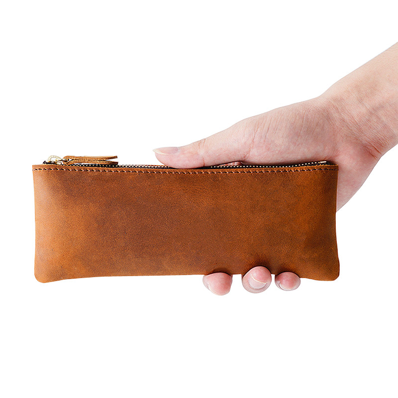 

Retro Handmade Leather Zipper Pencil Case 100% Genuine Leather Large Capacity Pen Bag Holder School Stationary for Writing Tool
