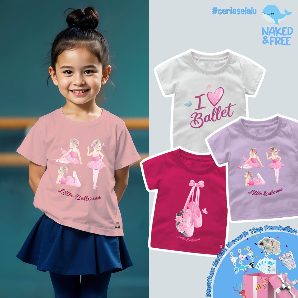 Naked & Free Baju Kaos Anak Perempuan Ballet Series Little Ballerina Rib Tie Bahan Katun 30s Bal-1