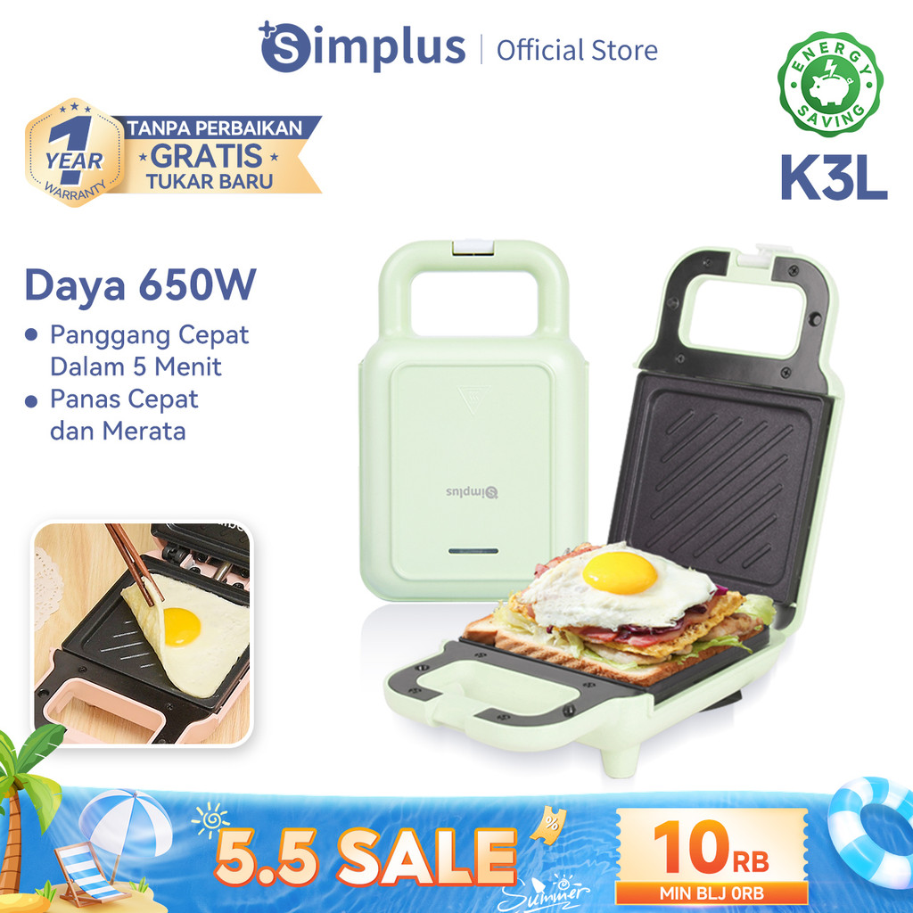 Simplus Sandwich Maker Pemanggang Roti Toaster Low Watt 650W Anti Lengket