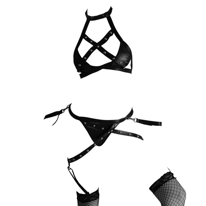 Produk Terbaru B365 Pakaian Dalam Bra Set Bralette Sexy Hot BH Halter CD Garter Stocking Hitam Seksi