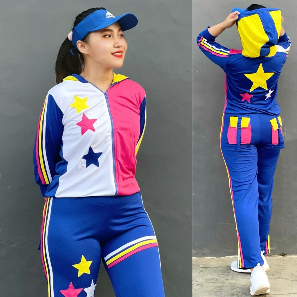 Setelan Baju Senam Lapangan Bintang Triple Biru Pelangi Set Baju  Olahraga Training Panjang Hijab Cy