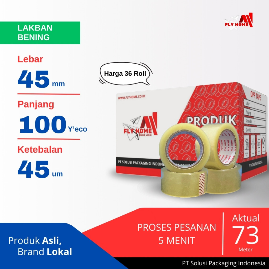 

FLYHOME Lakban bening 100 yard 2inchi 1/2 dus 45mm x 100yard 36 roll ECO