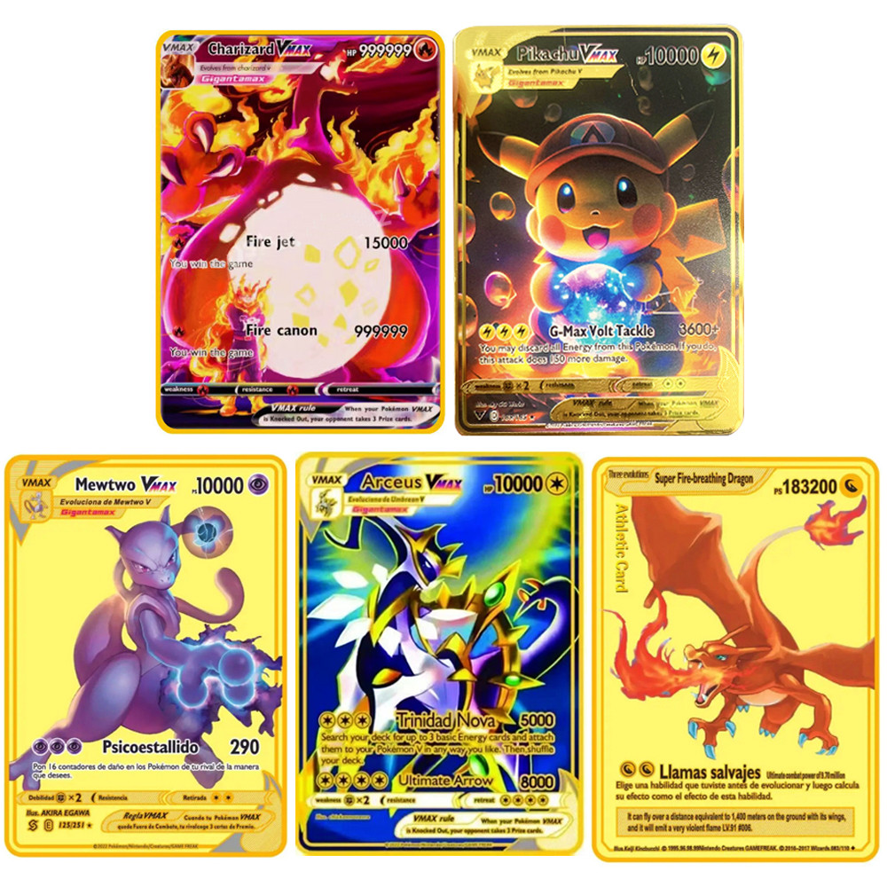English Pokemon Metal Card Letters VMAX Charizard GX Pikachu Mewtwo cartas pokemon english Collectio