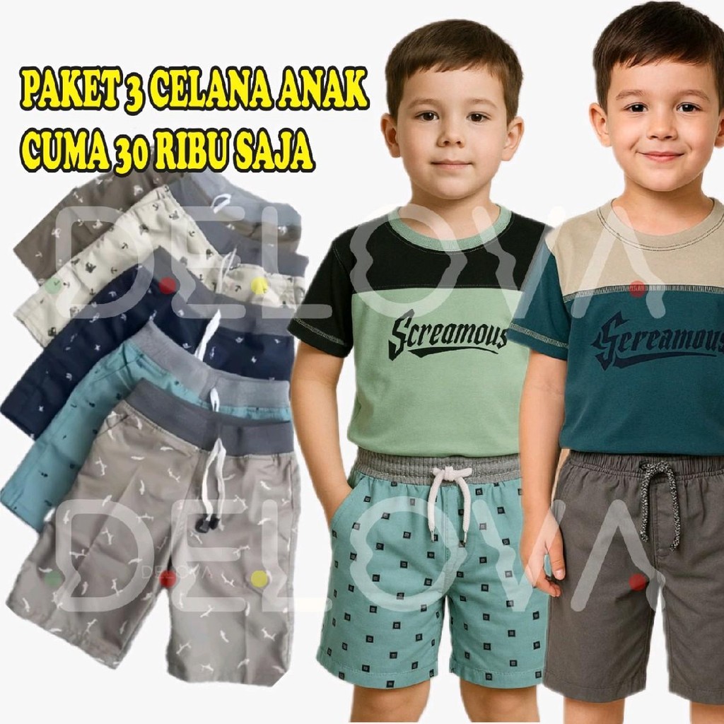 paket 3 Celana Pendek Anak Usia 2-12 Tahun / Celana Harian Anak Laki Laki Chinos Kolor Motif Distro 