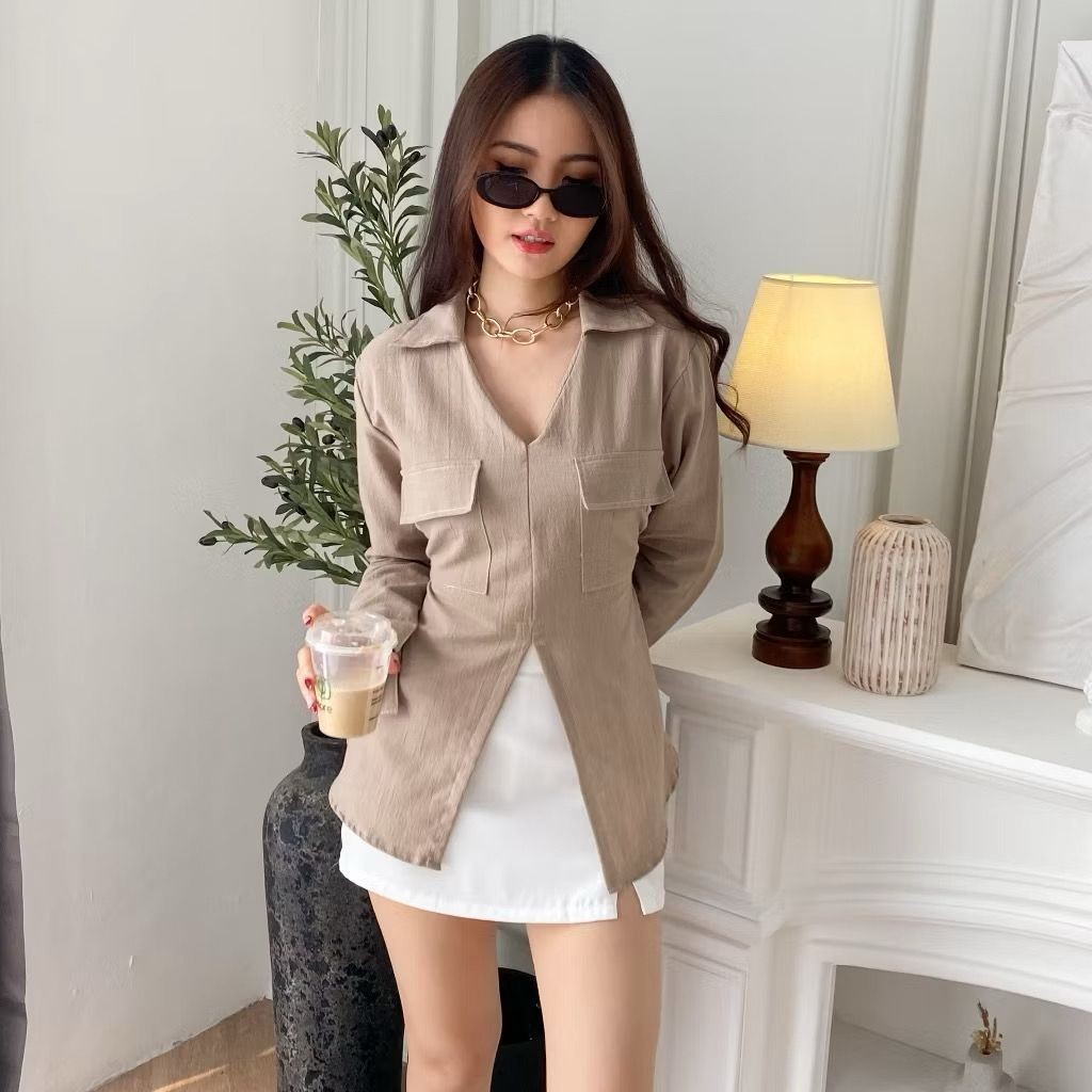 C.E - RJD OOTD Kemeja Outer Lengan Panjang Slit Polos Terbaru / PAULA Top Kemeja Slit Lengan Panjang