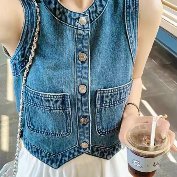 Rompi Denim Leher Awak Serbaguna Retro Baru Rompi Pendek Tanpa Lengan Wanita