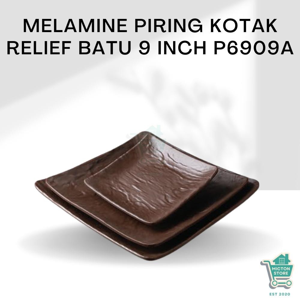 BEZTON Premium Melamine Piring Kotak Relief Batu 9 inch P6909A Piring Kotak Relief Batu Piring Perse
