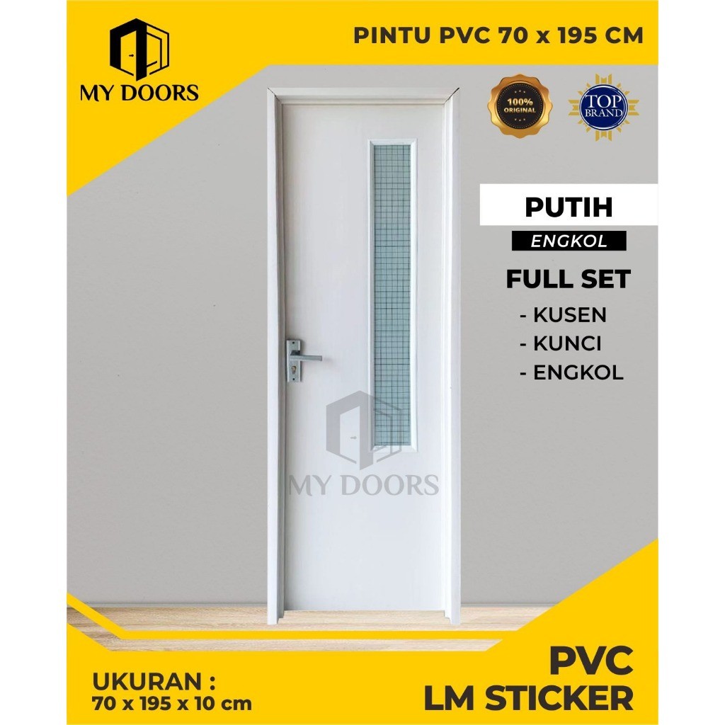 Pintu Kamar Mandi PVC Bahan Tebal Handle Kunci Engkol Kaca Es / Buram Minimalis & Eklusive MURAH