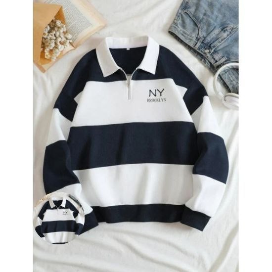 Sweater Rugby Hoodie salur terbaru sweater kerah CREWNECK NY BROOKLYN pria wanita