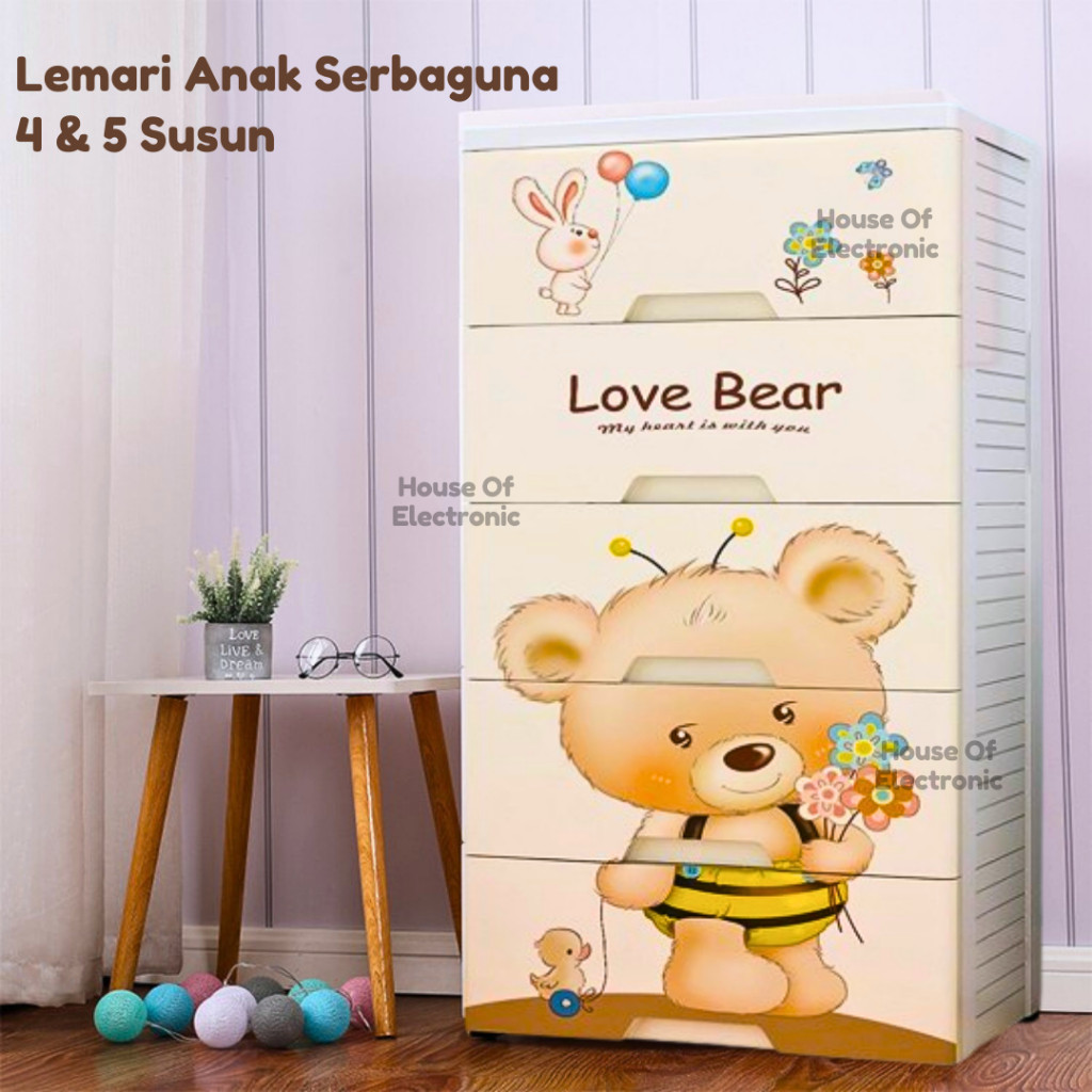 Lemari Plastik Susun Bear 4 Dan 5 Tingkat Tempat Penyimpanan Laci Multifungsi Lemari Pakaian Anak Ad