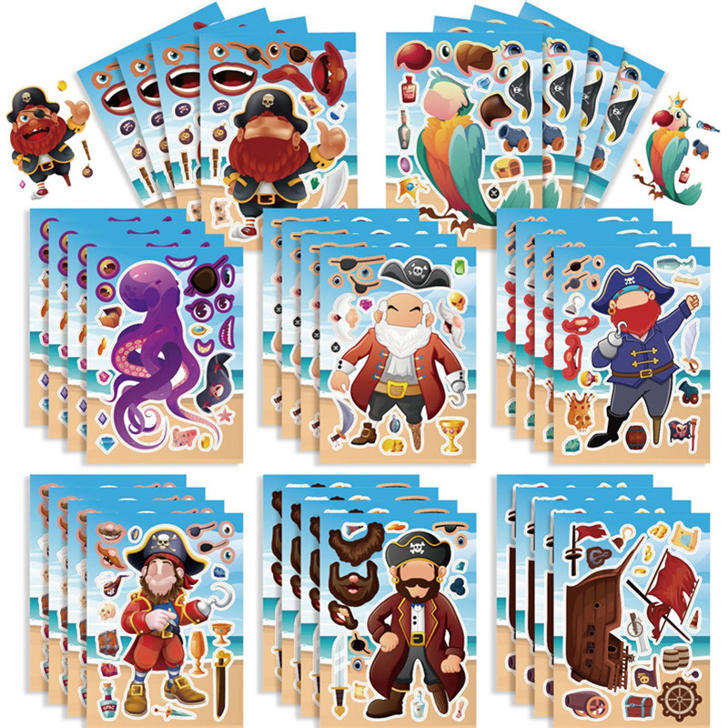 

6-24sheets Pirate Stickers Kids Toys DIY Make a Face Stickers Make Your Own Pirate Captain Party Favors Crafts for Children Gift
