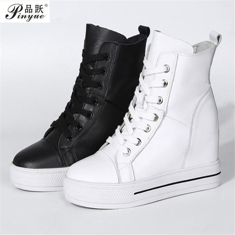 Women Genuine Leather 8cm Hidden Wedge Sneakers Platform Shoes High Heels Sneakers Woman Casual Shoe