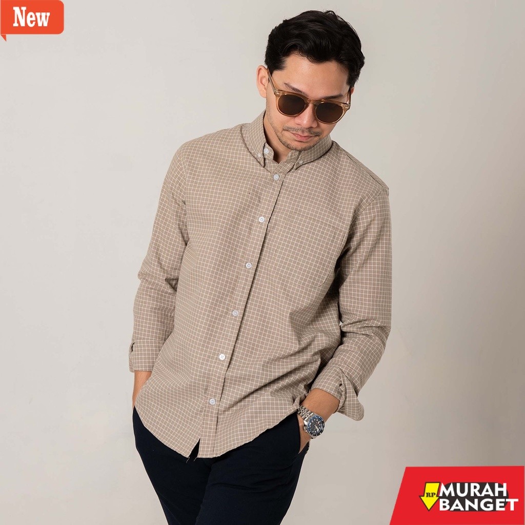 Kemeja formal pria Kemeja Kotak Garis Pria WOODCUTTER Plaid Basic Shirt - Cream Lengan Panjang