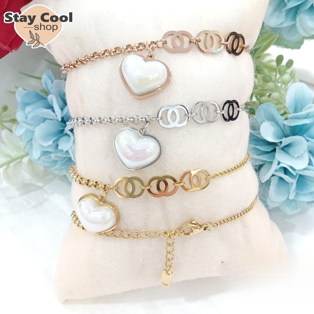 Gelang Titanium Love Putih Gt 42 Wanita Titanium Anti Karat / Gelang Rantai Dua Layer Gt42  / Gelang