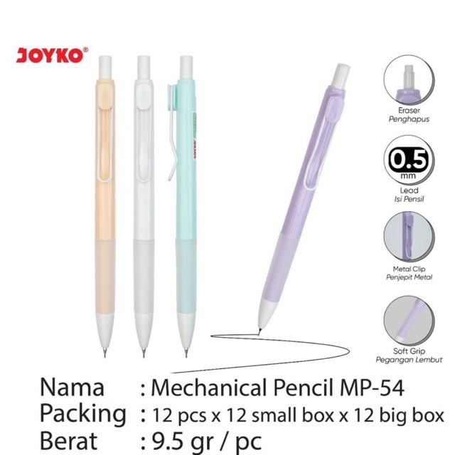 

( 1 pcs ) MP54 Joyko Mechanical Pencil / Pensil Mekanik MP-54 ketebalan 0.5mm dengan penghapus warna Pastel ( harga 1 pcs )