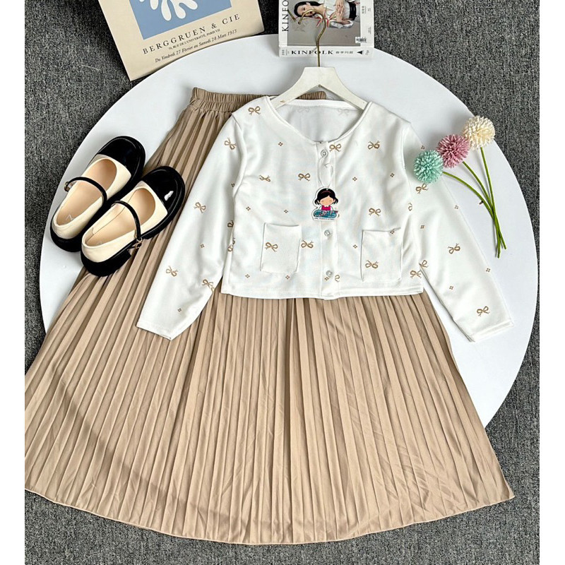 WILLSHA - ZFS OOTD WANITA KASUAL SET LYLIA / ONE SET CARDIGAN MOTIF ROK PREMIUM / Satu Set Pakaian W