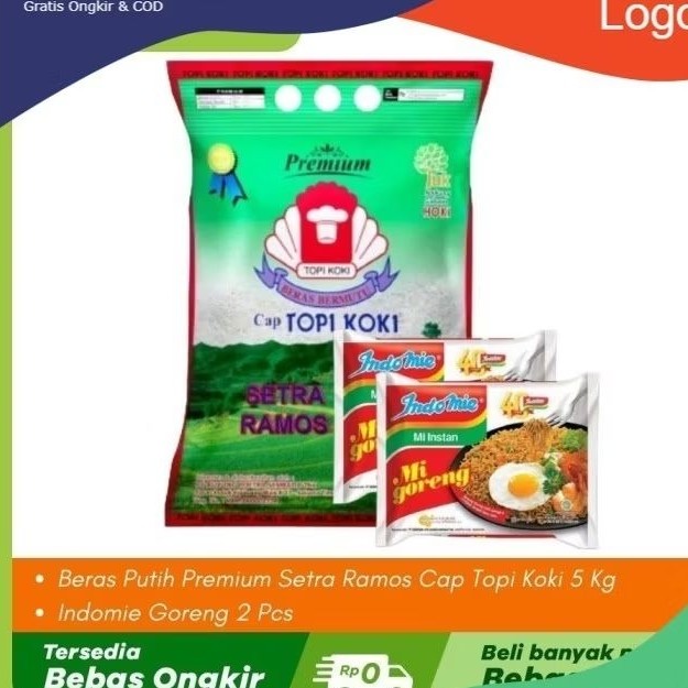 

LBJ KM Paket Beras Premium Ramos Topi Koki 5 Kg + 2 Pcs Indomie Goreng