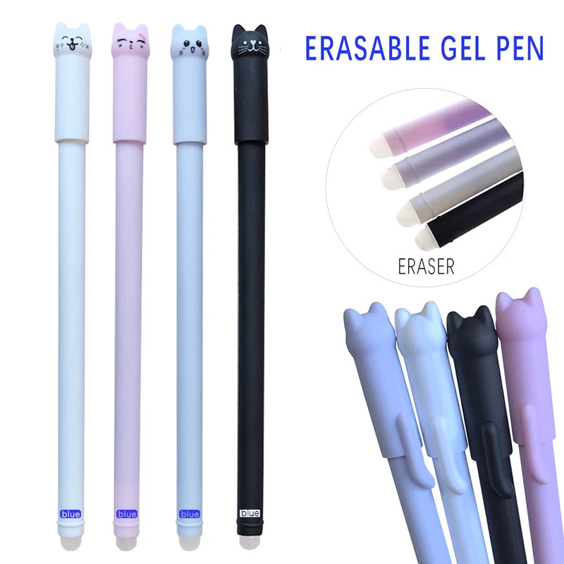 

Kawaii Cat Erasable Gel Pen 0.5mm Magic Ink Blue Black Pen Set With Rubber Eraser Creative School Kid's Gifts Stationery