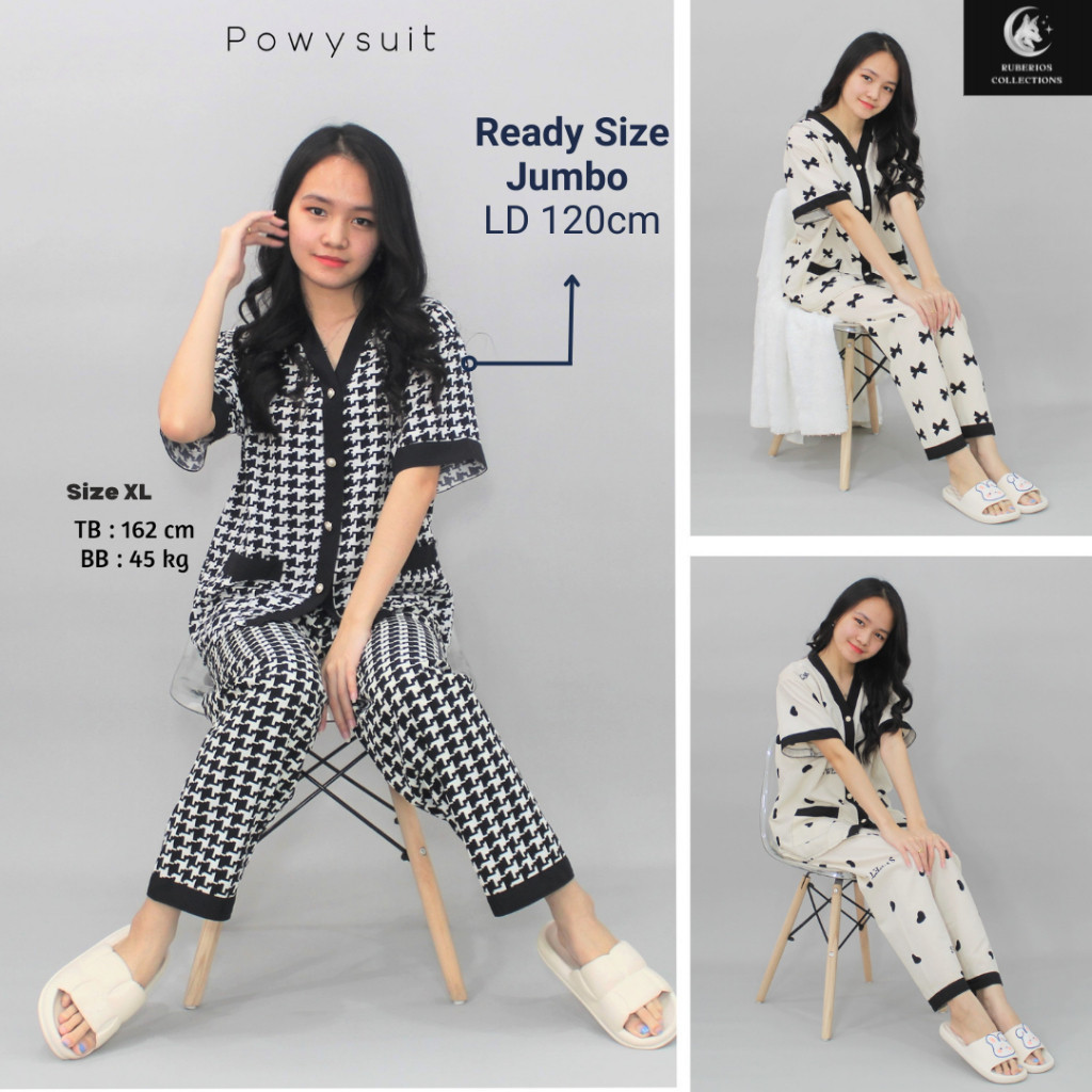 ST Vianca Piyama Motif Pita love Powysuit Bahan Satin Lengan Pendek Celana Panjang Baju Tidur Wanita