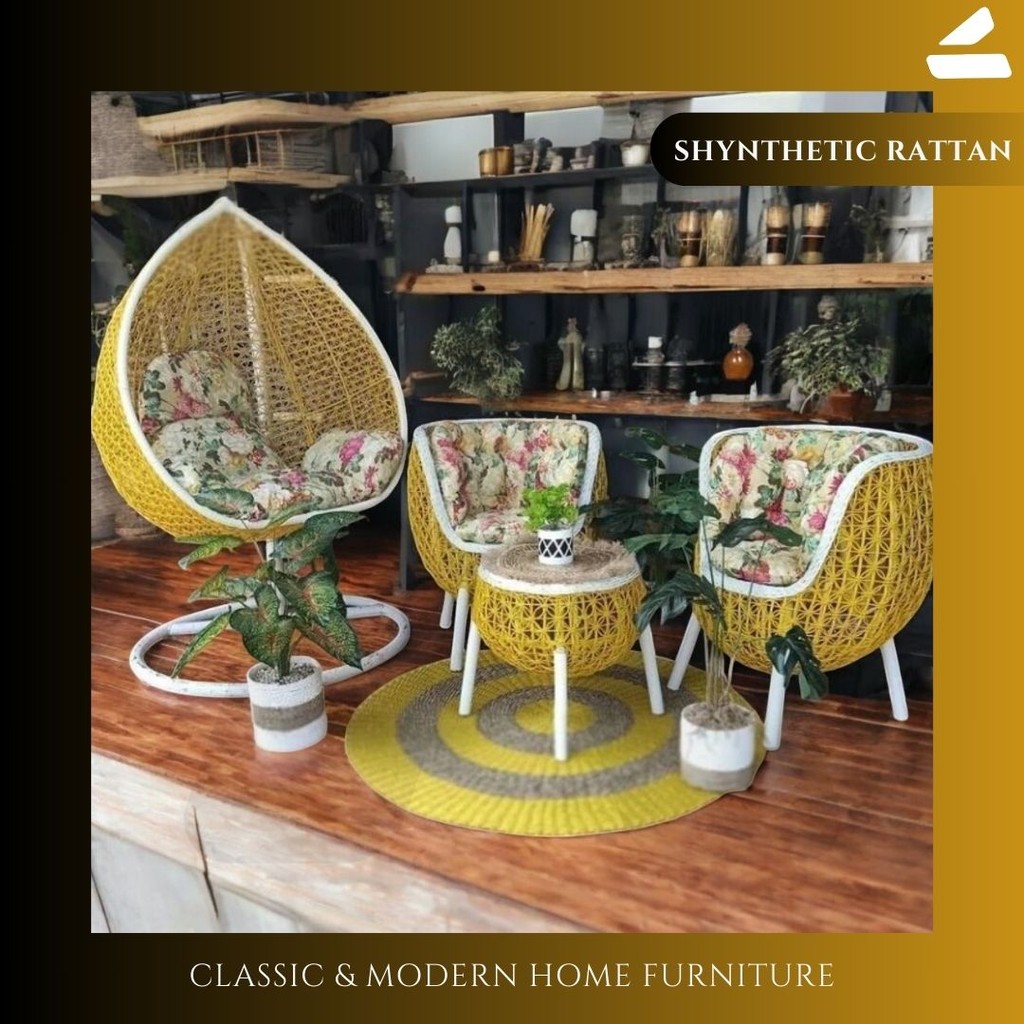 SET KURSI AYUNAN GANTUNG PIR DAN KURSI TERAS BREKELE ROTAN SINTETIS INCLUDE CUSHION