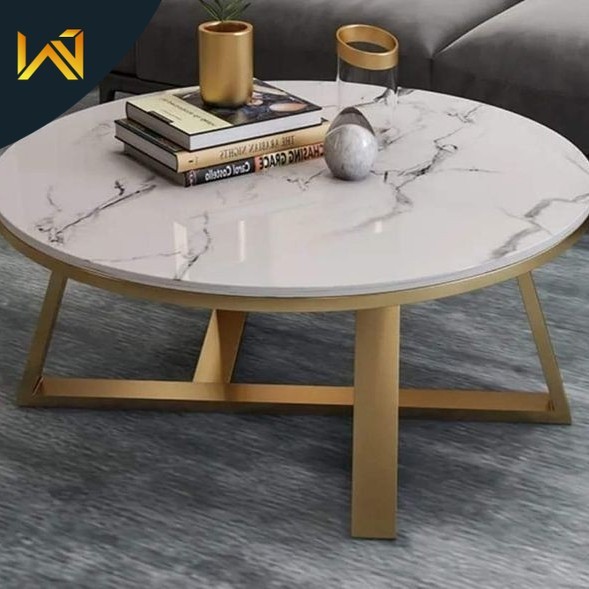 meja tamu bundar top marmer kaki besi iron hollow gold