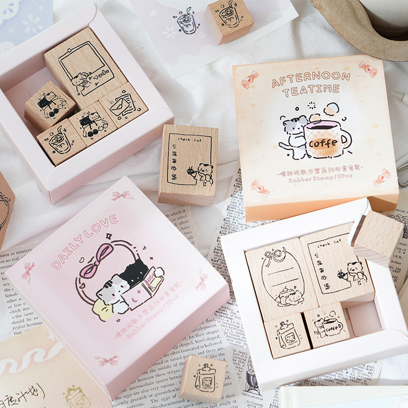 

Yoofun 5pcs/set Diary Love Scrapbooking Stamp Kawaii Cat Decoration Cute Journaling Wooden Stamps for Collage Junk Planner diy