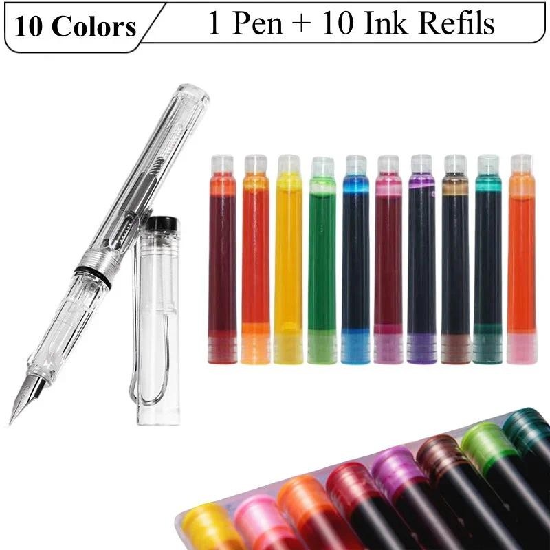 

0.5mm Transparent Refillable Fountain Pens Set 10 Color Available Black Blue Red EF Nib Student School Office Stationary Supply