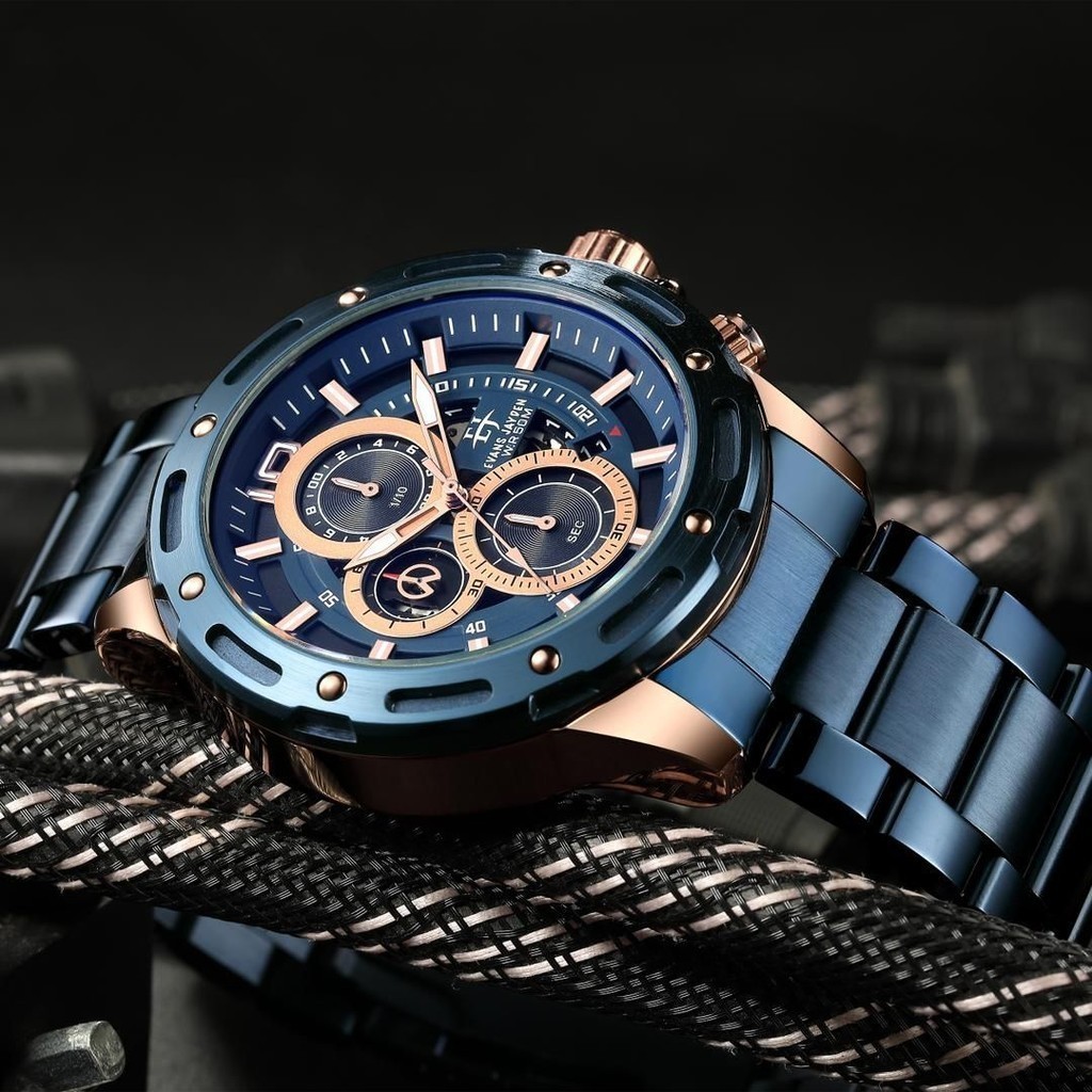 [ LIVE ] Evans Jayden Jam Tangan Pria EJ 9494 Rantai Stainless Kaca Sapphire Water Resistant