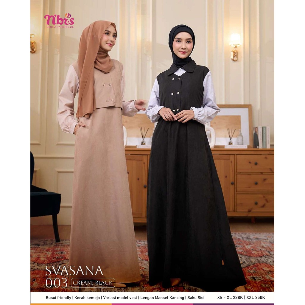 Nibras Svasana 003 Gamis Terbaru Elegan Mewah Warna Black Cream Untuk Kerja Kuliah Polos Kombinasi