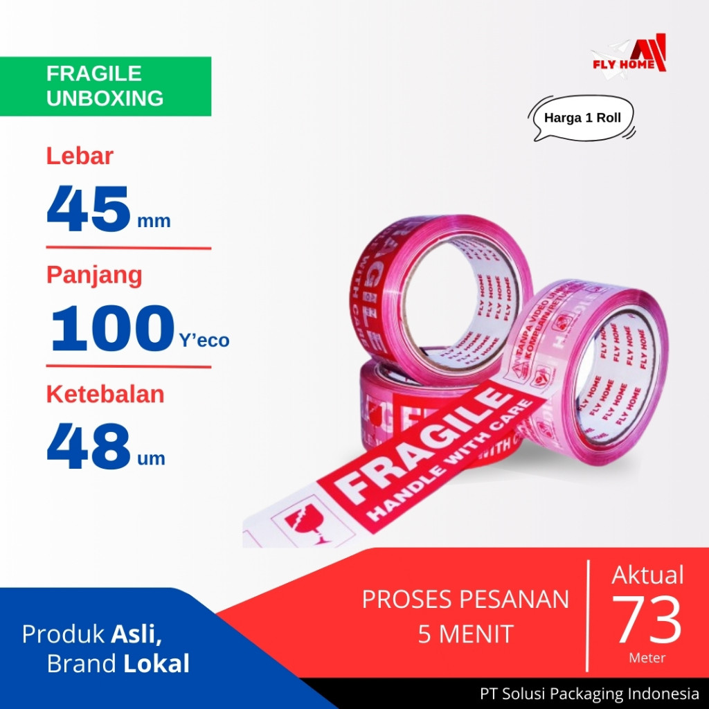 

FLYHOME Fragile unboxing 100yard 45mm x 100yard 1 roll lakban segel 100 yard ECO