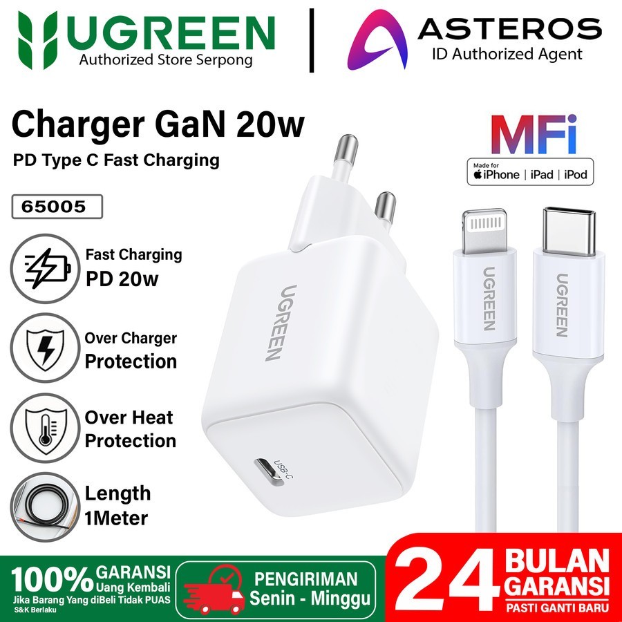 Charger Ugreen iPhone + Kabel Lightning Mfi - Ugreen Fast Charger iPhone 14 13 12 11 8 XR  Original