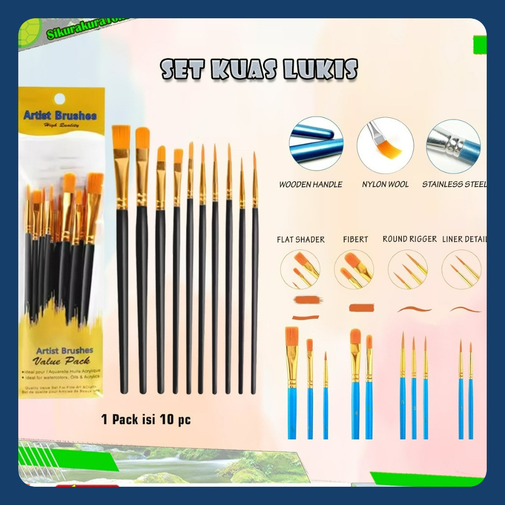 (RUMY'S) Set Kuas Lukis 10pcs Paket Brush Melukis 10 in 1 pcs face painting brus cat acrylic air min