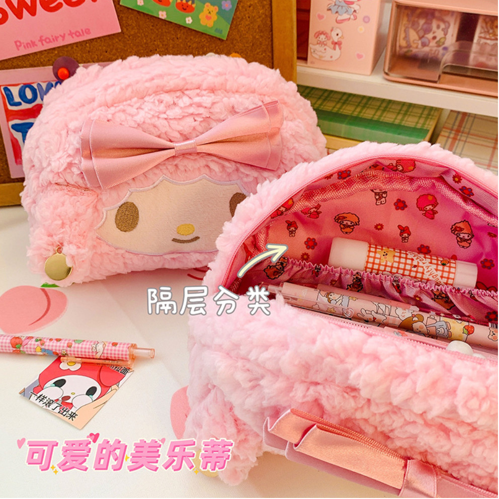 

Pencil Case Plushy Kawaii Bulu Tebal Lembut Halus Motif Karakter Melody Cute Pouch Pita Pink Lucu