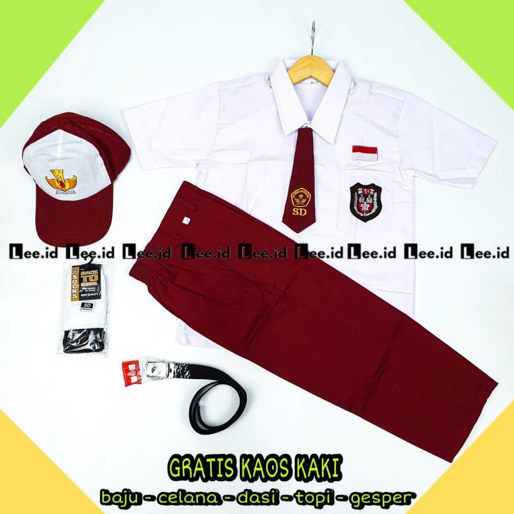 azamtea2STORELee Setelan Super Lengkap Seragam Sekolah SD Merah Putih Lengan Pendek Laki-laki Kelas 